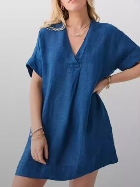 Faherty Sanibel Basketweave Indigo Blue VNeck Linen Dress with Pockets